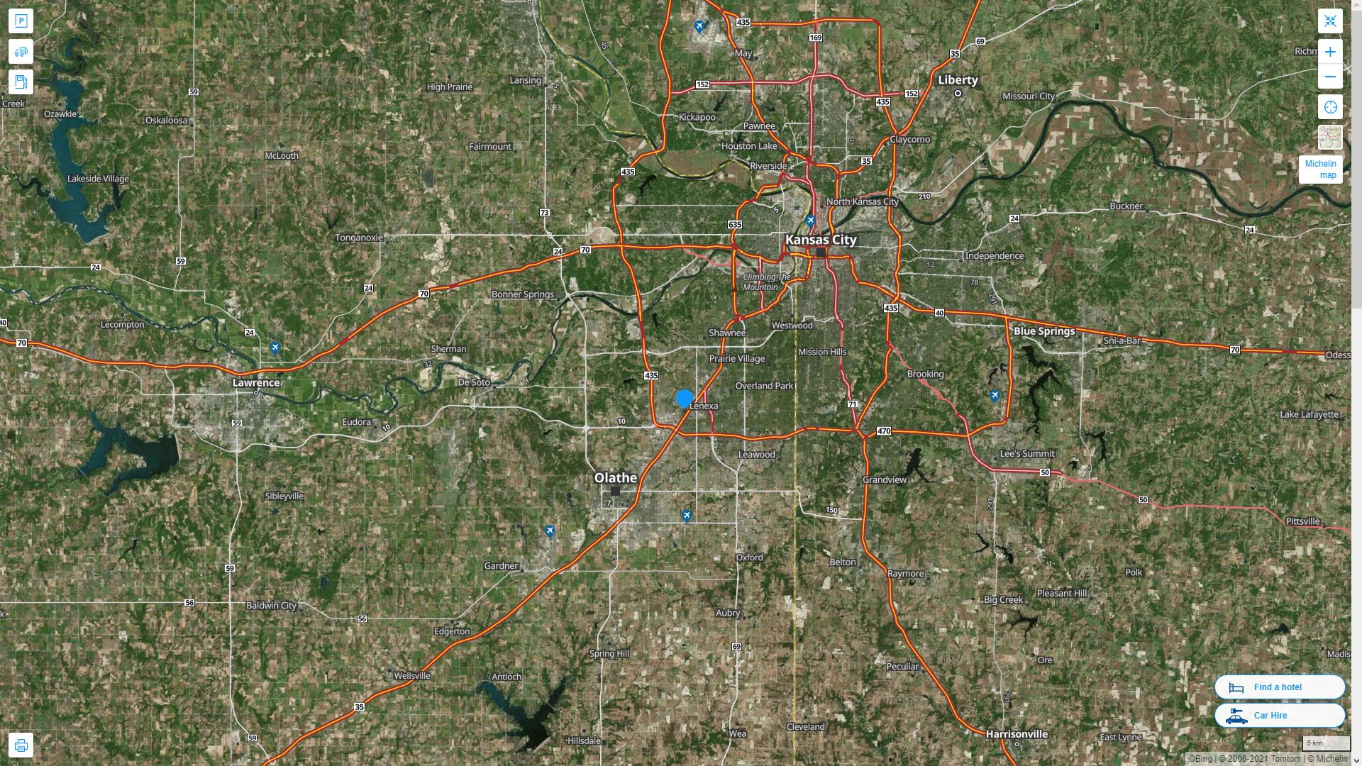 Lenexa Kansas Highway and Road Map with Satellite View